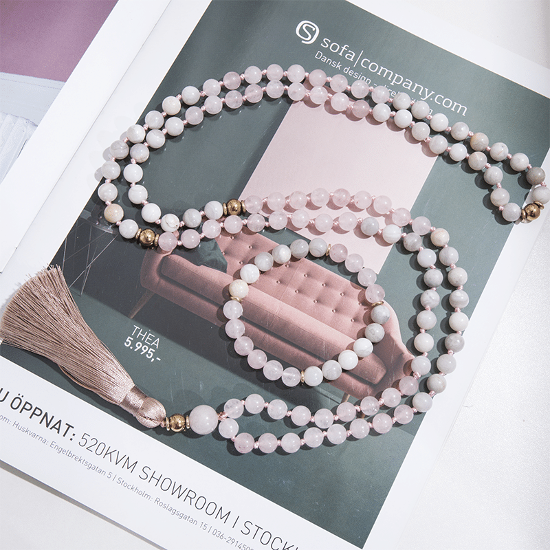 Collier Mala en Agate Blanche et Quartz Rose | Lithothérapie Stéphanie