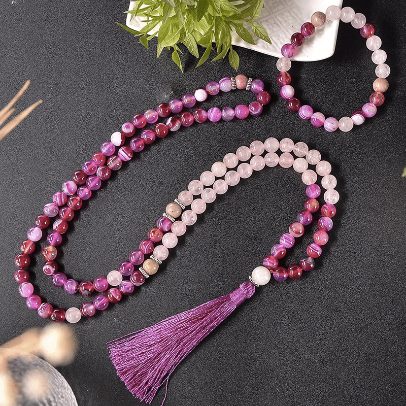 Collier Mala en Agate et Quartz Rose | Lithothérapie Stéphanie