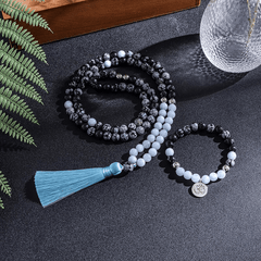Collier Mala 108 Perles en Aigue Marine et Obsidienne Neige | Lithothérapie Stéphanie