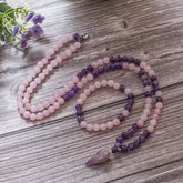 Collier Mala en Quartz Rose et Améthyste + Bracelet Offert