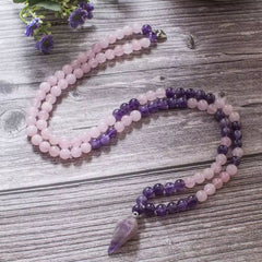 Collier Mala en Quartz Rose et Améthyste + Bracelet Offert
