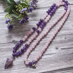 Collier Mala en Quartz Rose et Améthyste + Bracelet Offert