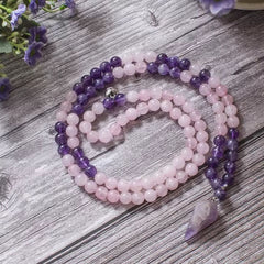 Collier Mala en Quartz Rose et Améthyste + Bracelet Offert