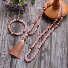Collier Mala en Rhodonite et Quartz Rose + Bracelet Offert
