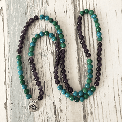 Bracelet Mala 108 Perles en Améthyste et Chrysocolle | Lithothérapie Stéphanie