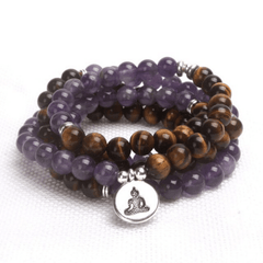 Bracelet Mala Bouddhiste en Oeil de Tigre et Améthyste l Lithothérapie Stéphanie