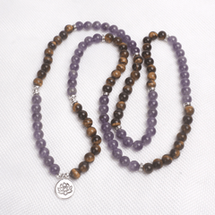 Collier Mala en Oeil de Tigre et Améthyste l Lithothérapie Stéphanie