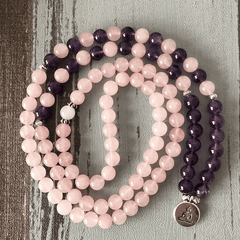 Bracelet Mala 108 Perles en Quartz Rose et Améthyste | Lithothérapie Stéphanie
