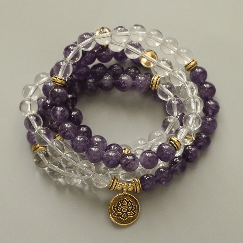 Bracelet Mala en Améthyste et Cristal de Roche | Lithothérapie Stéphanie