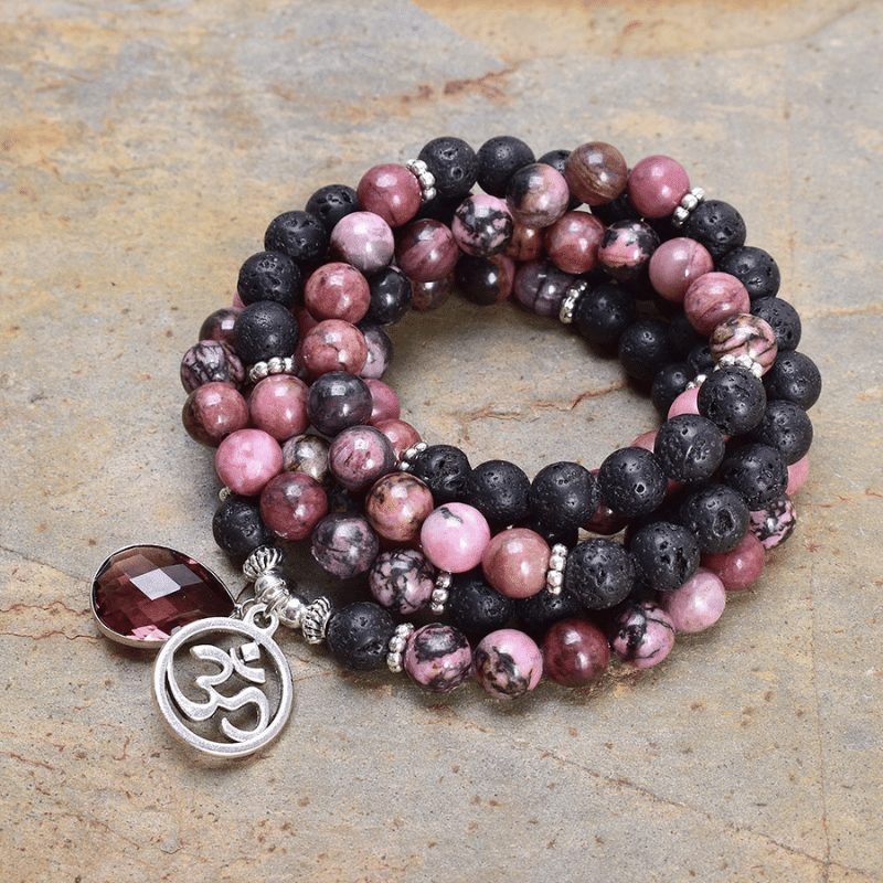 Bracelet Mala en Rhodonite et Pierre de Lave | Lithothérapie Stéphanie