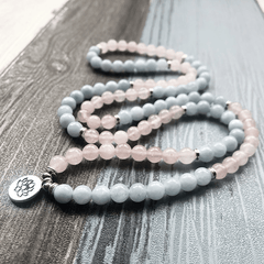 Bracelet Mala Tibétain en Aigue Marine et Quartz Rose | Lithothérapie Stéphanie