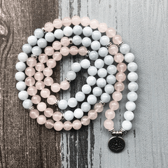 Bracelet Mala 108 Perles en Aigue Marine et Quartz Rose | Lithothérapie Stéphanie