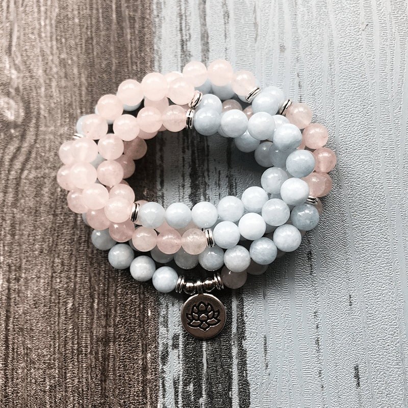 Bracelet Mala en Aigue Marine et Quartz Rose | Lithothérapie Stéphanie
