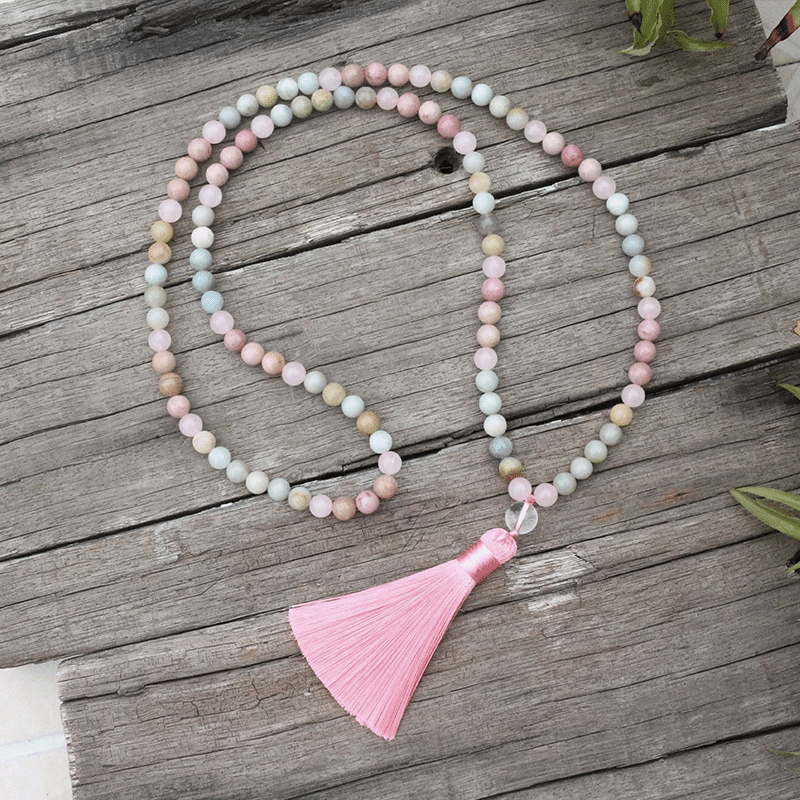 Collier Mala en Rhodonite et Amazonite | Lithothérapie Stéphanie
