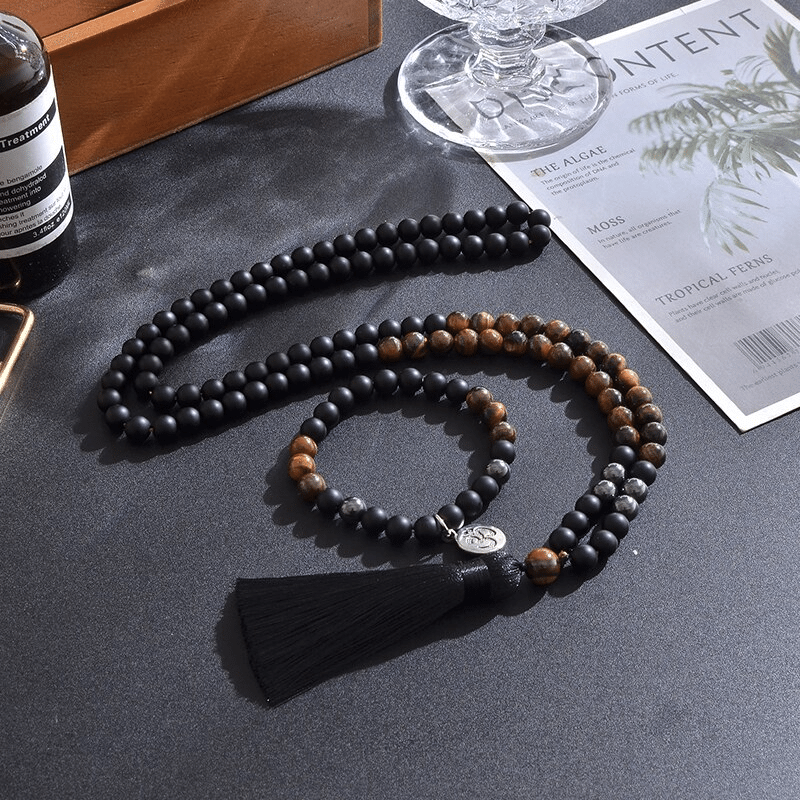 Collier Mala en Oeil de Tigre, Hématite et Onyx Noir | Lithothérapie Stéphanie