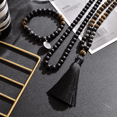 Collier Mala 108 Perles en Oeil de Tigre, Hématite et Onyx Noir | Lithothérapie Stéphanie