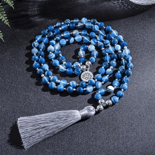 Collier Mala 108 Perles en Agate Bleue | Lithothérapie Stéphanie