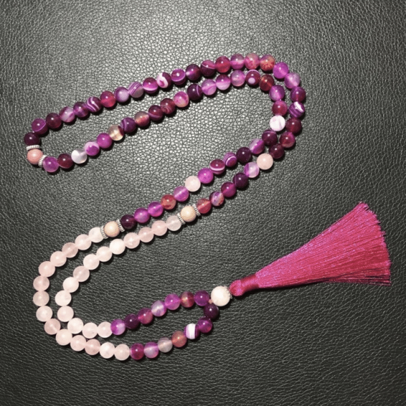 Mala 108 Perles en Agate et Quartz Rose | Lithothérapie Stéphanie