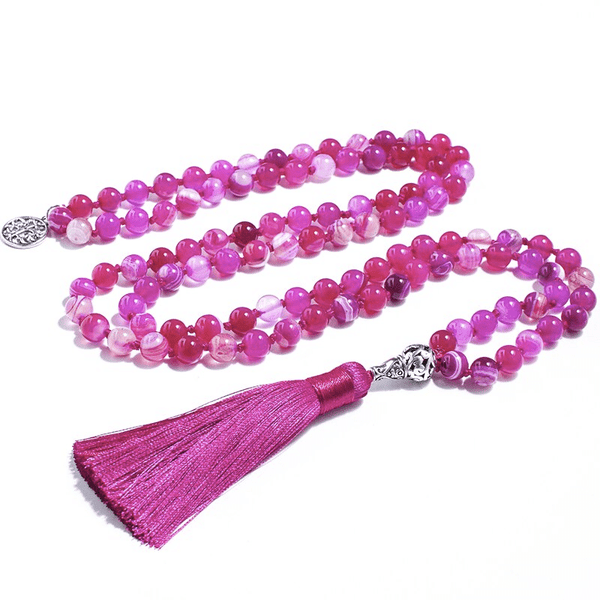 Collier Mala Tibétain en Agate Rose | Lithothérapie Stéphanie