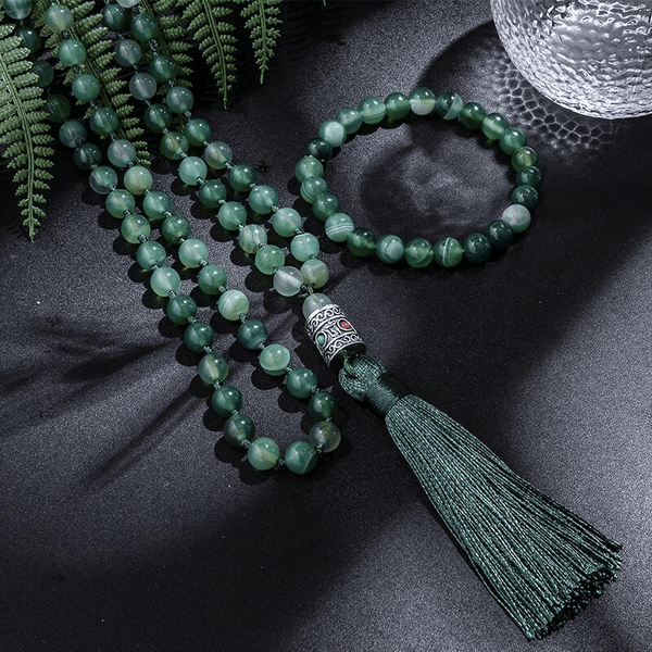 Collier Mala Tibétain en Agate Verte | Lithothérapie Stéphanie