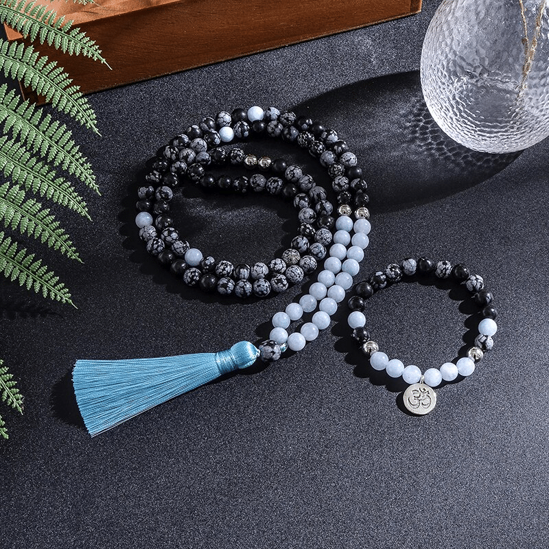 Collier Mala 108 Perles en Aigue Marine et Obsidienne Neige | Lithothérapie Stéphanie