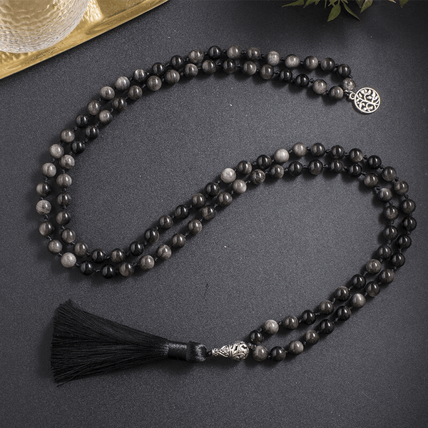 Collier Mala 108 Perles en Obsidienne Argentée | Lithothérapie Stéphanie