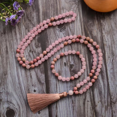 Collier Mala en Rhodonite et Quartz Rose + Bracelet Offert