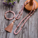 Collier Mala en Rhodonite et Quartz Rose + Bracelet Offert