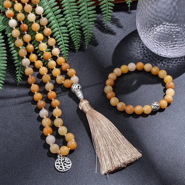 Collier Mala en Jade Jaune et Bracelet Offert