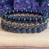 Set de 3 Bracelets en Onyx Noir, Quartz Fumé et Pierre de Lave