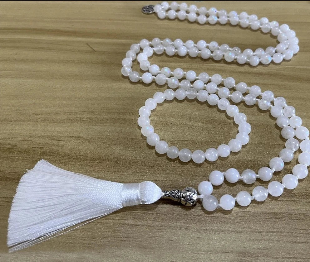 Collier Mala en Pierre de Lune Blanche + Bracelet Offert