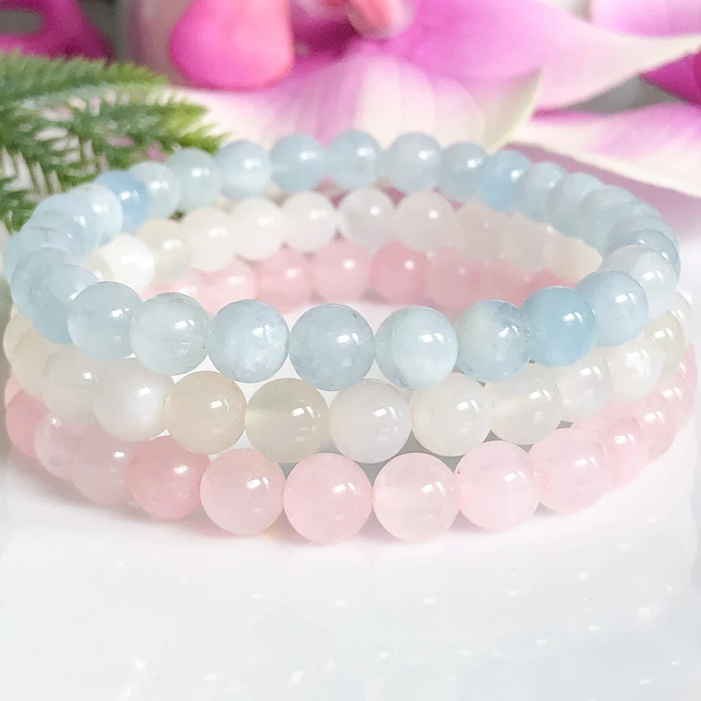 Set 3 Bracelets en Aigue Marine, Pierre de Lune et Quartz Rose