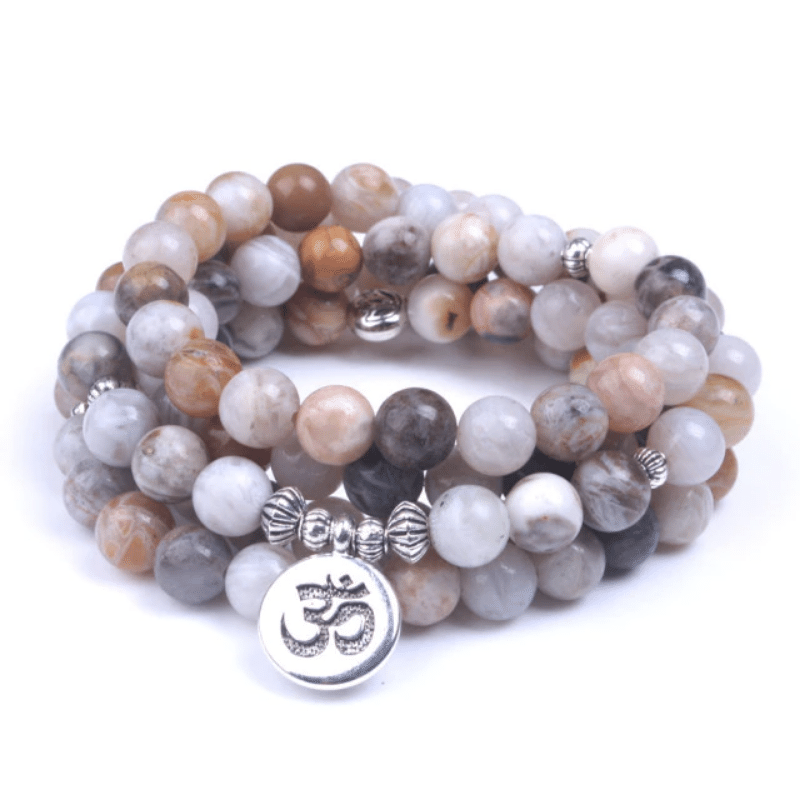 Bracelet Mala Tibétain en Agate Feuille de Bambou | Lithothérapie Stéphanie
