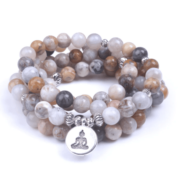 Bracelet Mala Bouddhiste en Agate Feuille de Bambou | Lithothérapie Stéphanie