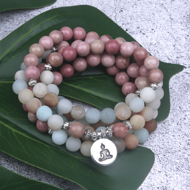 Bracelet Mala Bouddhiste en Amazonite et Rhodonite | Lithothérapie Stéphanie