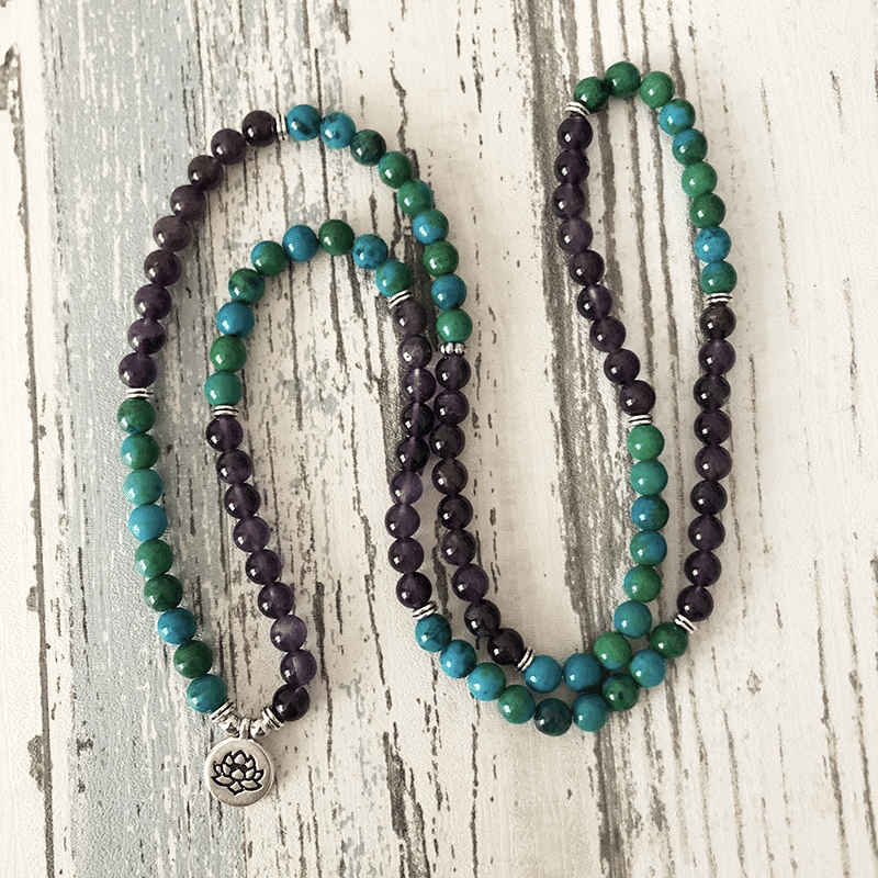 Bracelet Mala 108 Perles en Améthyste et Chrysocolle | Lithothérapie Stéphanie