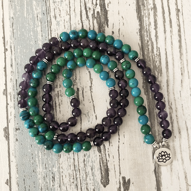 Bracelet Mala Bouddhiste en Améthyste et Chrysocolle | Lithothérapie Stéphanie
