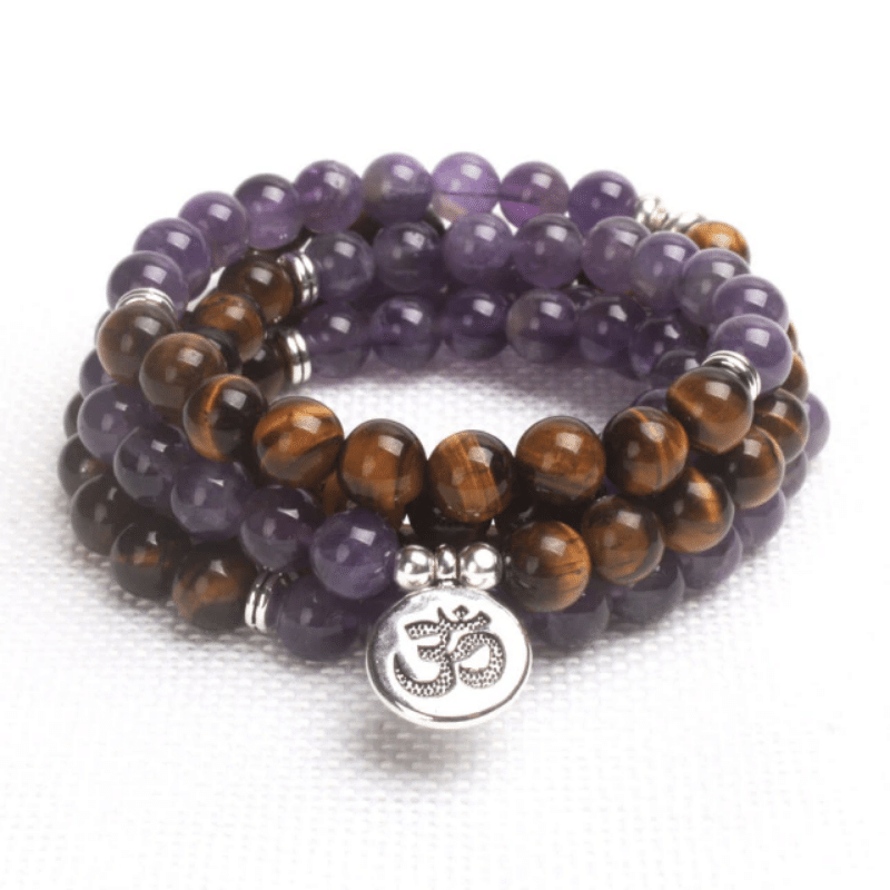 Bracelet Mala Tibétain en Oeil de Tigre et Améthyste l Lithothérapie Stéphanie