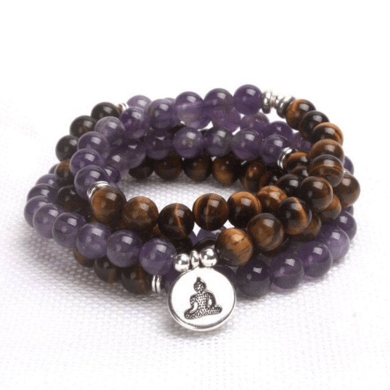 Bracelet Mala Bouddhiste en Oeil de Tigre et Améthyste l Lithothérapie Stéphanie