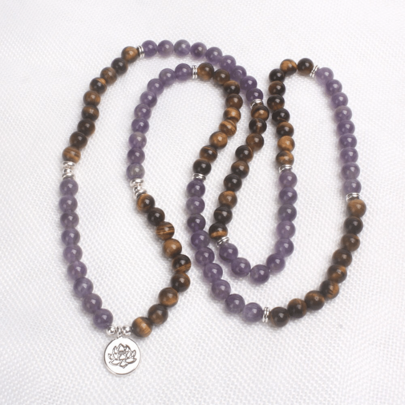 Collier Mala en Oeil de Tigre et Améthyste l Lithothérapie Stéphanie