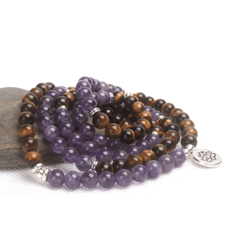 Bracelet Mala 108 Perles en Oeil de Tigre et Améthyste l Lithothérapie Stéphanie