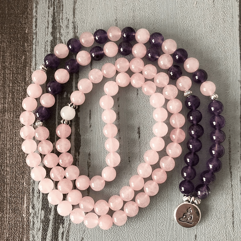 Bracelet Mala 108 Perles en Quartz Rose et Améthyste | Lithothérapie Stéphanie
