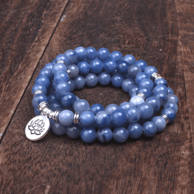 Collier Sautoir Long 90cm En Aventurine Bleue & œil De Tigre - Pendentif Lotus - Bracelet Mala - Fait Main - Neuf