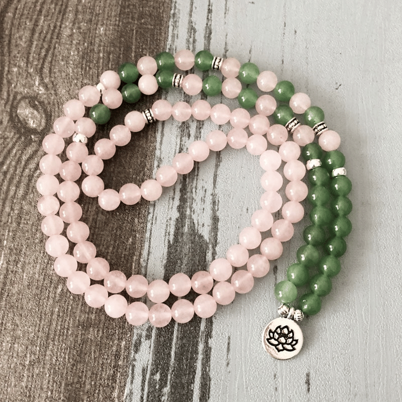 Bracelet Mala en Aventurine Verte et Quartz Rose | Lithothérapie Stéphanie