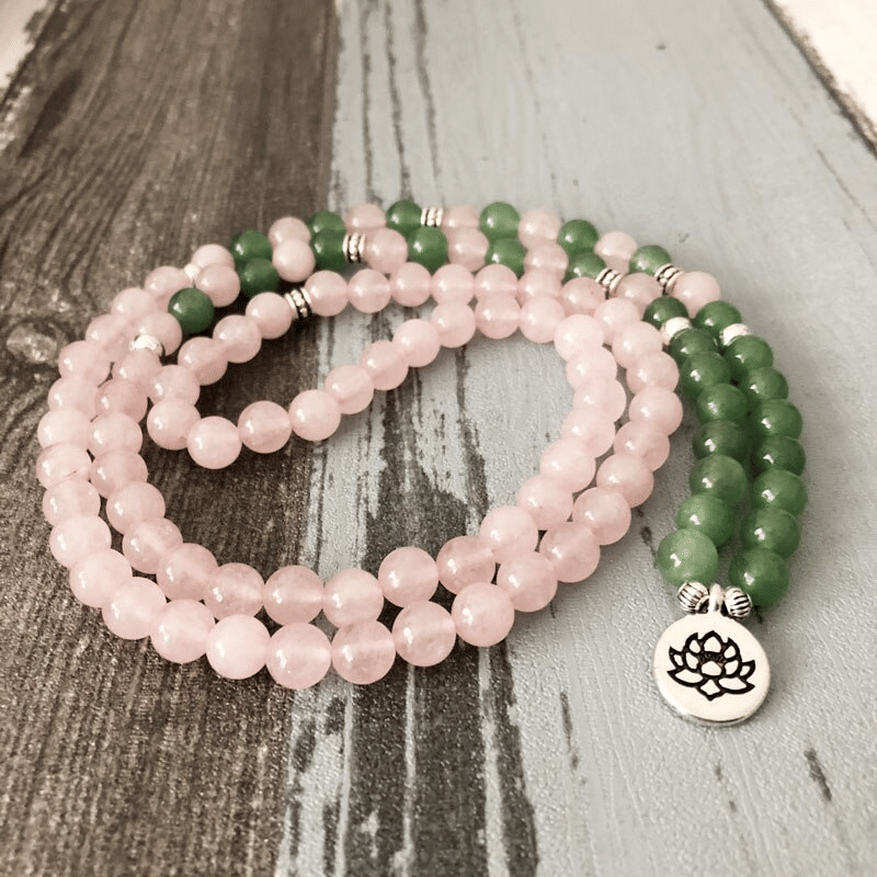Bracelet Mala 108 Perles en Aventurine et Quartz Rose | Lithothérapie Stéphanie
