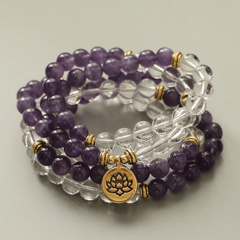 Bracelet Mala Tibétain en Améthyste et Cristal de Roche | Lithothérapie Stéphanie