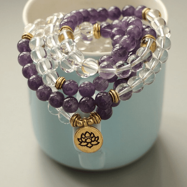 Bracelet Mala 108 Perles en Améthyste et Cristal de Roche | Lithothérapie Stéphanie