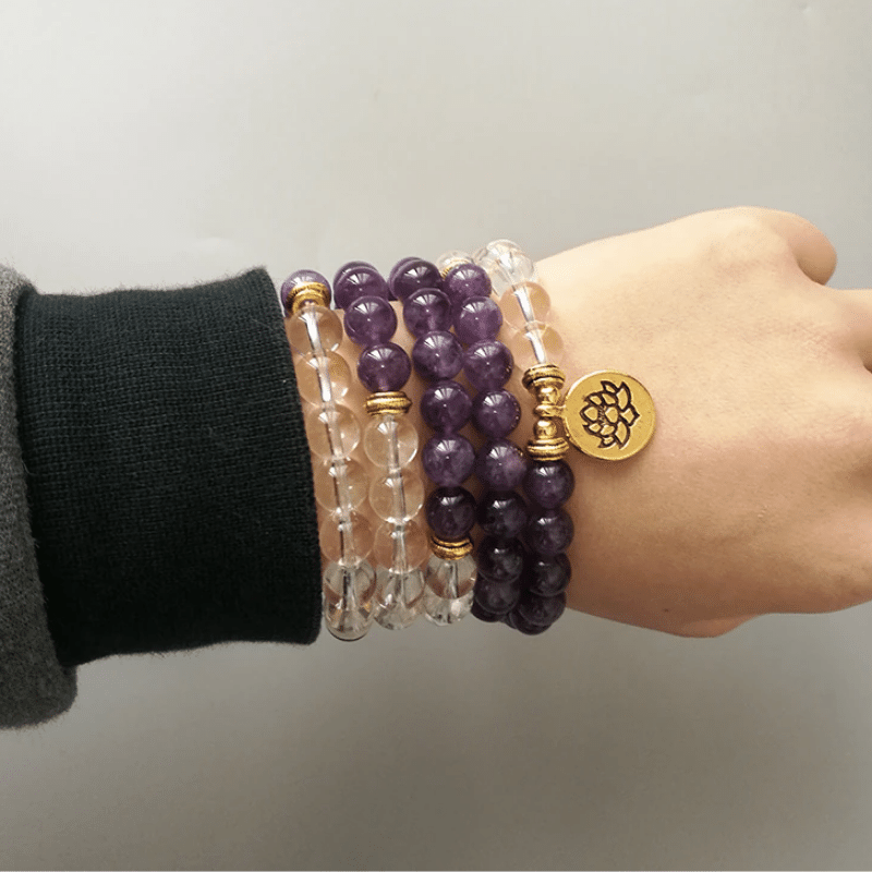 Bracelet Mala Bouddhiste en Améthyste et Cristal de Roche | Lithothérapie Stéphanie