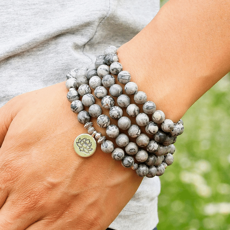 Bracelet Mala Tibétain en Jaspe Gris | Lithothérapie Stéphanie