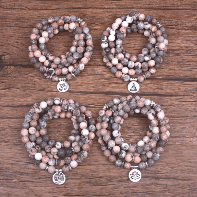 Bracelet Mala 108 Perles en Jaspe Zèbre Rose | Lithothérapie Stéphanie